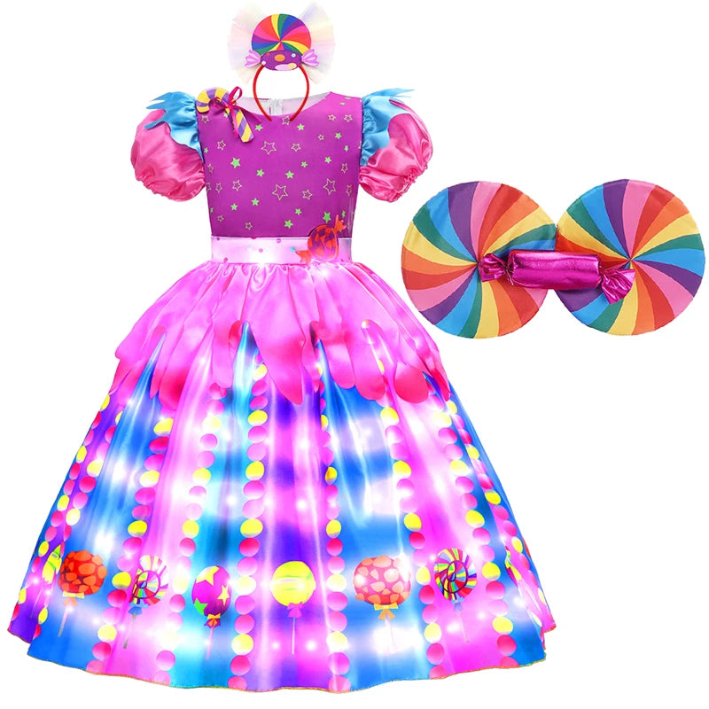 LED Light Up Princess Candy Dress For Girl Lollipop Party Clothing Kids Cosplay Costume New Years Dress 2-10Y