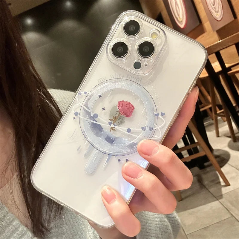 Magsafe  Transparent Cartoon Rose Flower Phone Case iPhone 16 15 14 Pro Max 16 Plus Wireless Charge Clear Funda