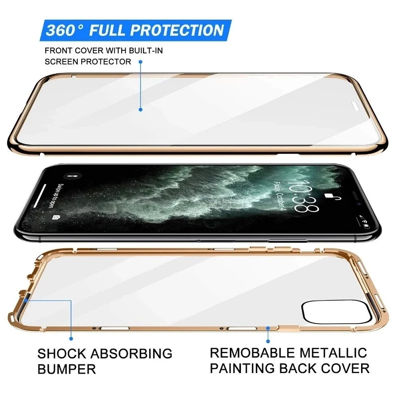 360°Full Protection Metal  Snap Lock Phone Case For iPhone 16 Pro Max 14 15 Pro Max Double-Sided Glass Bumper Case