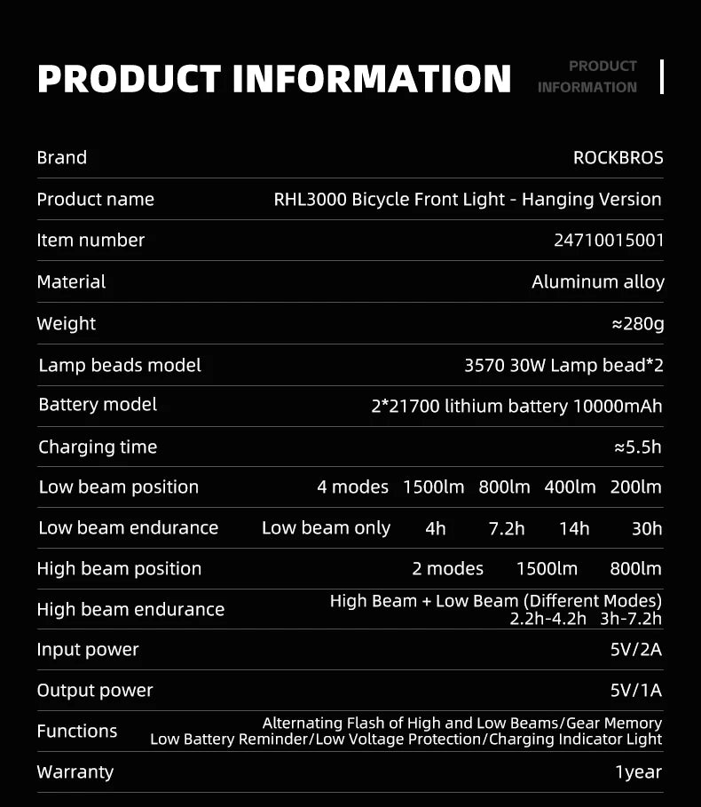 3000LM Bike Light 10000mAH Flashlight High-Low Beam Bicycle Front Light Powerbank Waterproof MTB Road Cycling Headlight