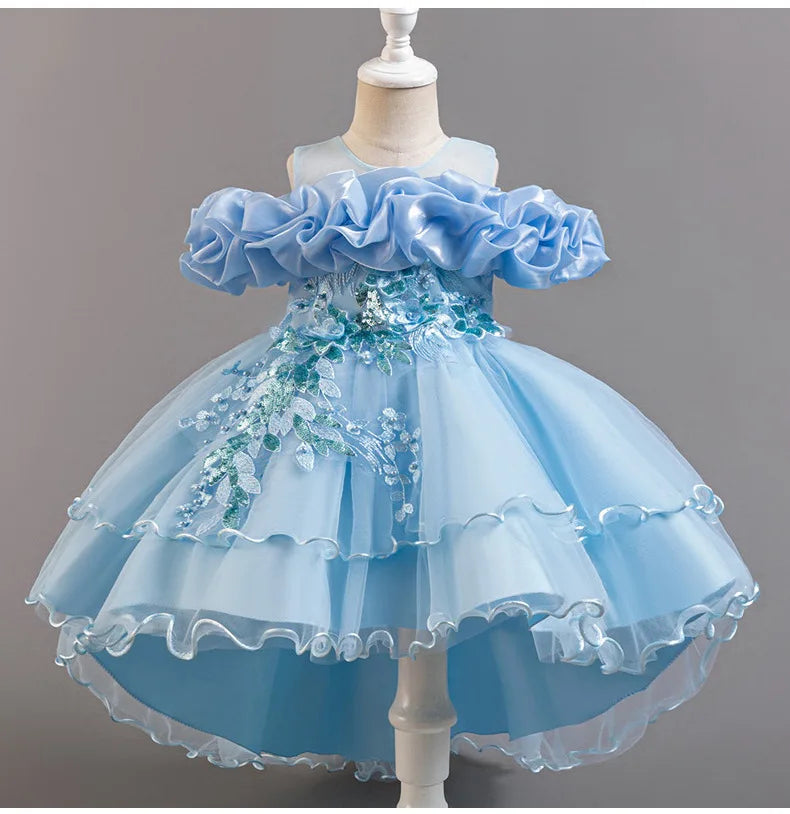 Luxury Off-Shoulder Gown with Train for Girls  Tulle Dress for Fashion Walk Show & Pageants