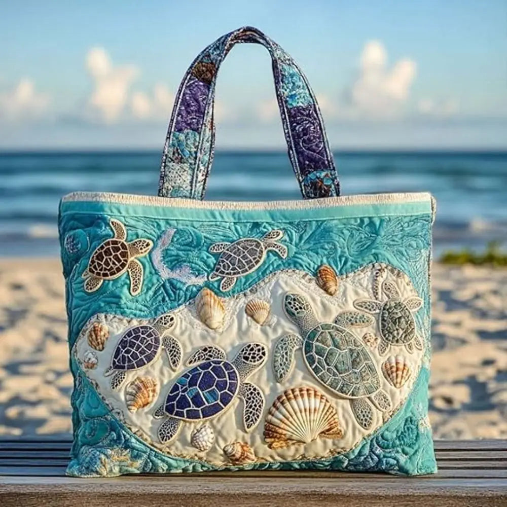 Turtle Print Quilted Canvas Tote Bag Large Capacity Shoulder Handbag