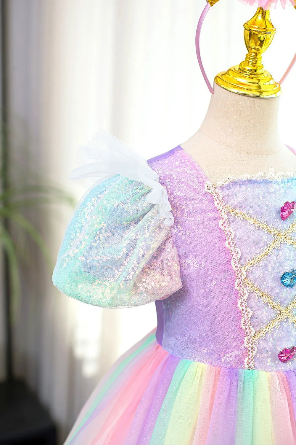 Rainbow Gradient Princess Ball Gown with Puff Bubble Sleeves