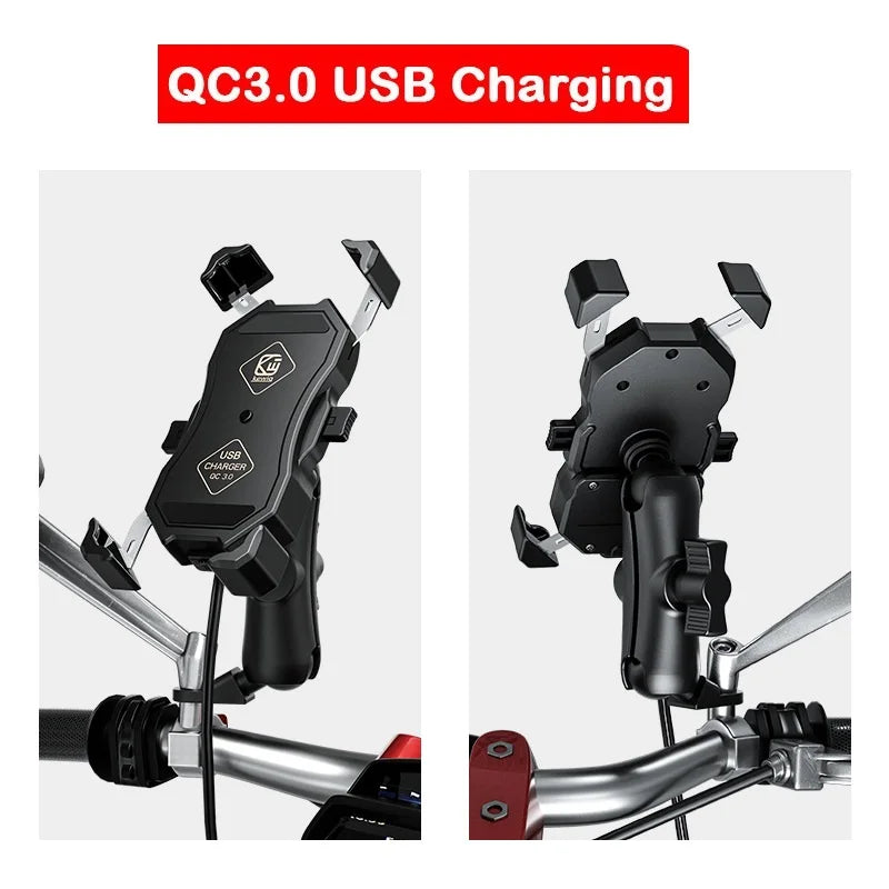 Motorcycle Fork Stem Wireless Charger 15W Qi/USB Quick Charge Phone Holder Handlebar Mirror Mount with 1" Ball for 3.5"-6.8"