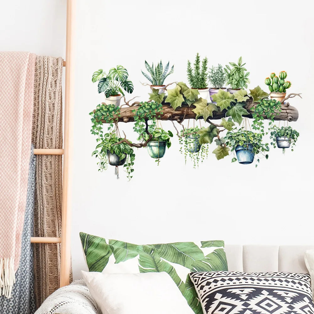 Green Vine Dill Leaves Flower Hanging Basket Wall Stickers Bedroom Dining Living Room Kitchen Green Plant Home Decor Wall Decals