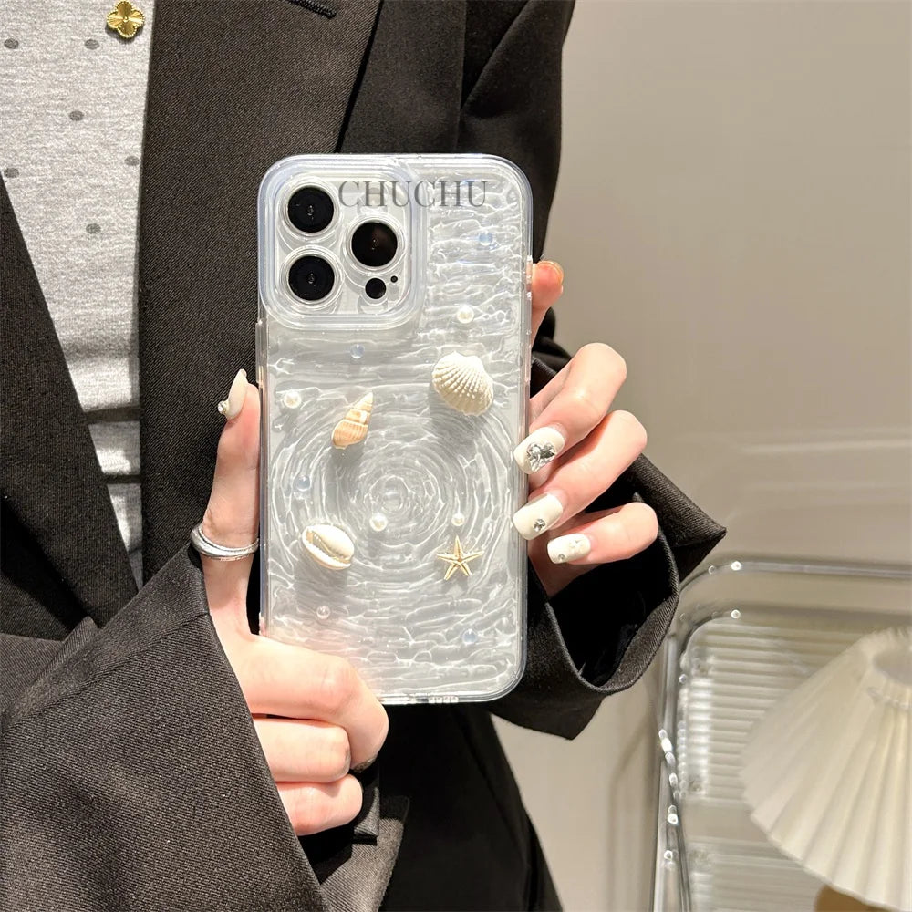 INS Seashell Starfish Conch Pearl Water Ripple Creative Clear Phone Case For iPhone 15 14 13 Pro Max Plus Soft Back Cover