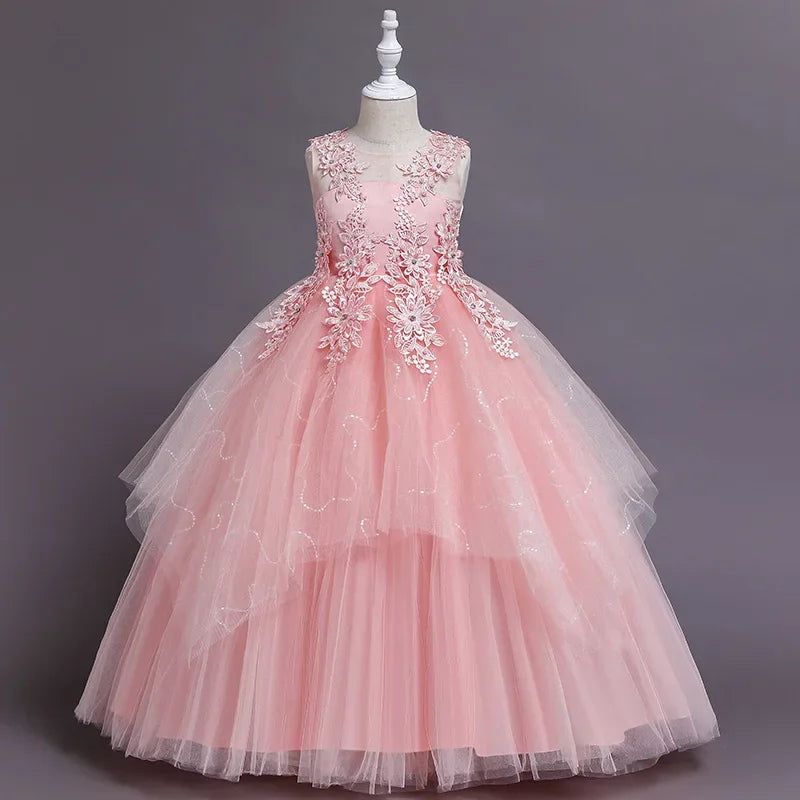 Summer Flower Girls Party Lace Dress Kids Long Princess Dress Mesh Children's Day Clothing Gowns for Girls for Wedding