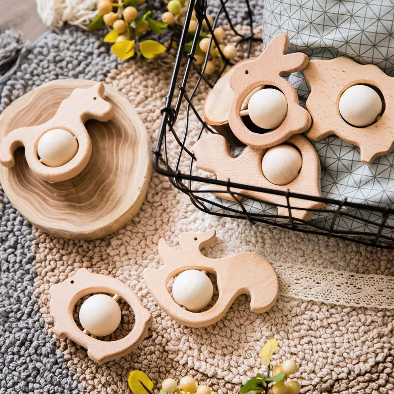 1PC Cute Baby Toys Beech Wooden Animals Dogs Car Cartoon Elephants Montessori Toys For Children Teething Nursing Baby Teethers