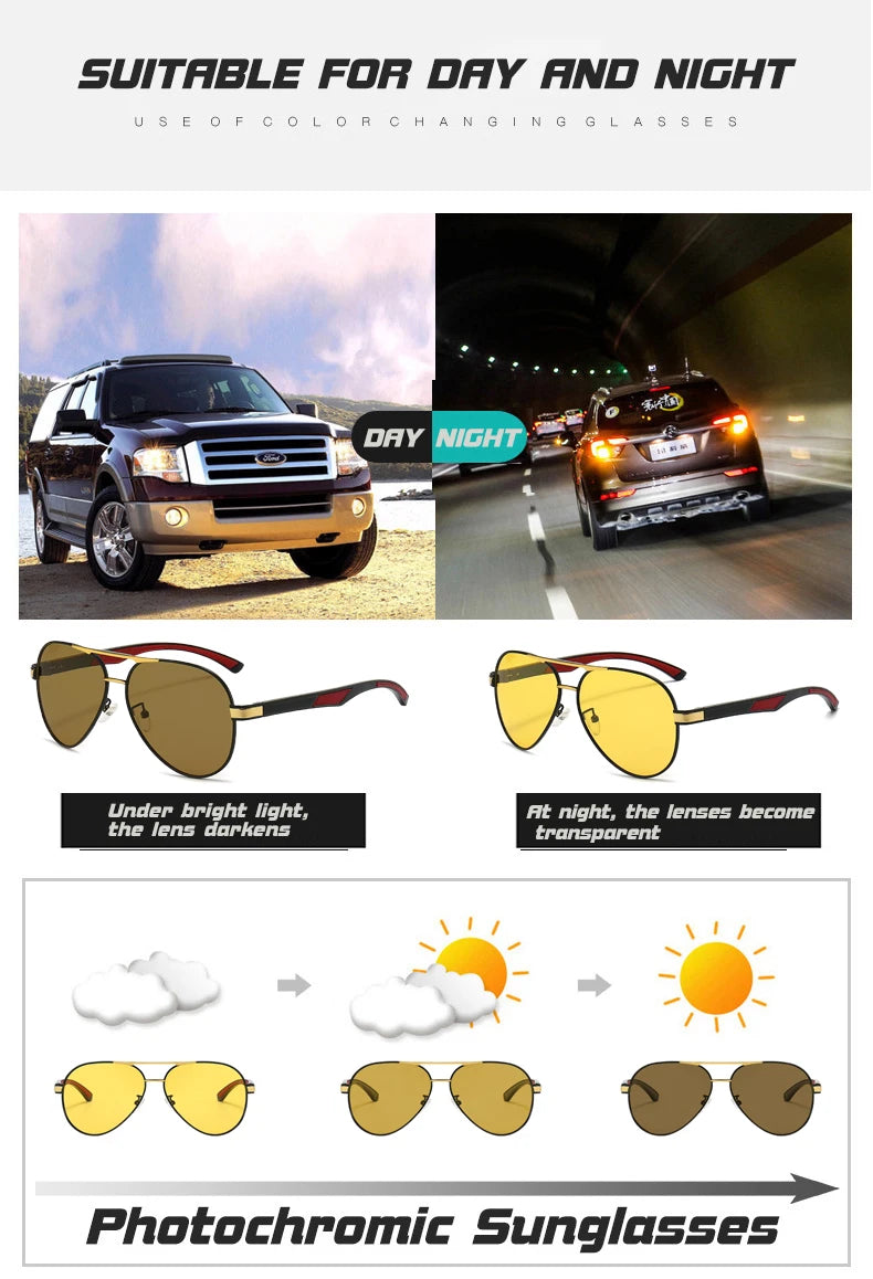 Pilot Photochromic Polarized UV400 Day Night Vision Driving Sunglasses for Men Women