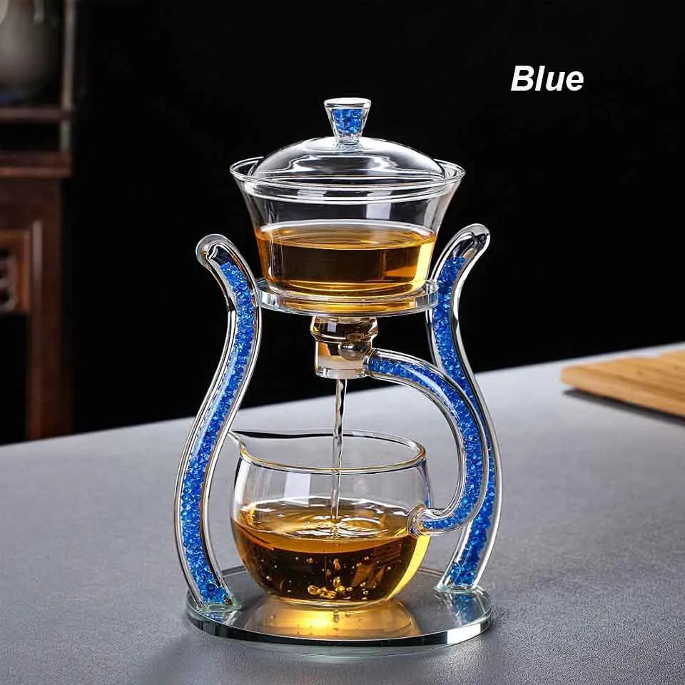 Glass Automatic Lazy Tea Set  Crystal Glass Teapot Set Rotating Cover Kung Fu Heat-Resistant Teapot 6 Cups
