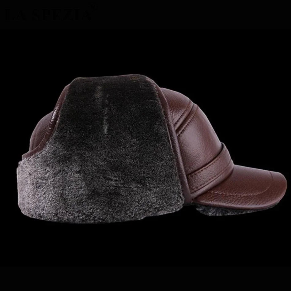 Winter Bomber Hat Men Russian Brown Leather Ushanka Cap With Ear Flaps Fur Warm Genuine Cow Leather Brand Baseball Cap