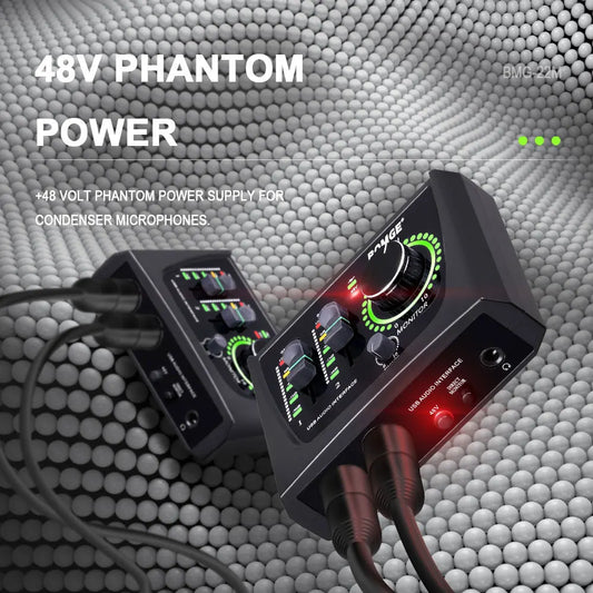 Mini 2 Channel USB Audio Interface with 48V Phantom Power for Recording and Streaming