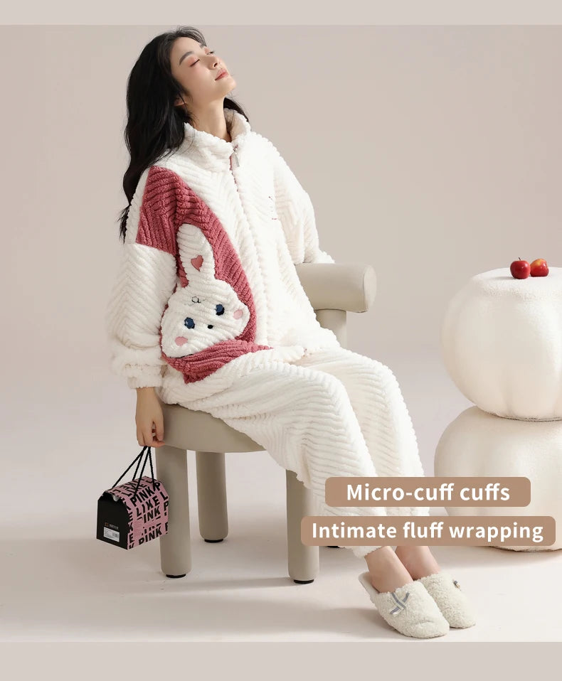 Women’s Winter Flannel Pajama Set – Thick, Soft Coral Fleece with Zipper & Oversized Fit