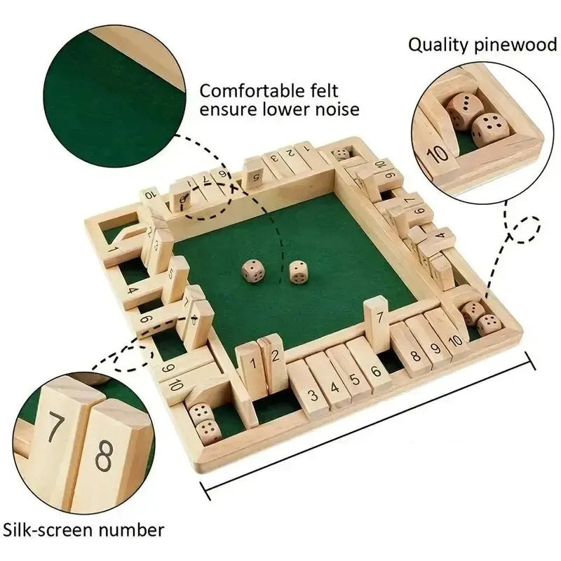 Wooden Four Sided Shut the Box Number Dice Board Game