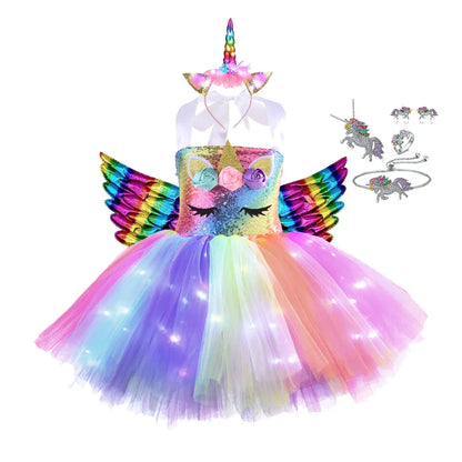 Girl Unicorn Dresses for Girls Tutu Princess Party Dresses with LED Lights Flower Birthday Party Cosplay Costume Girls Clothing