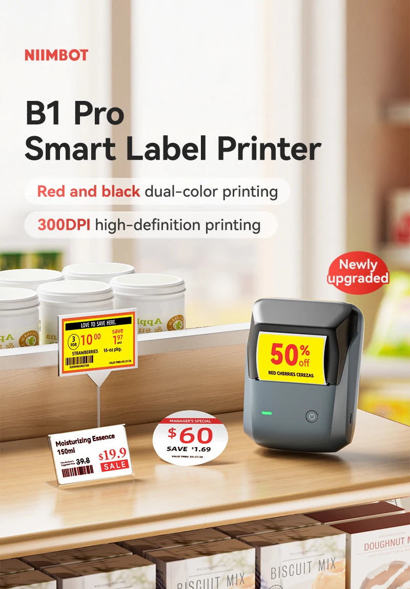 B1 Pro Label Printer 300 DPI, Bluetooth Thermal Label Maker with Red & Black Printing, Photo Labels for Business & Home