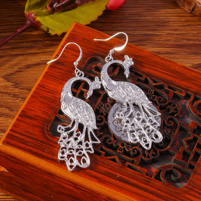 Retro Bright Silver Color Leaf Butterfly Peacock Earrings Tassel Dangle Earrings Jewelry