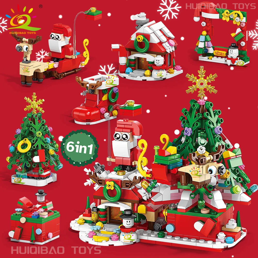 6in1 Christmas Tree Santa Claus Snowhouse Model Building Block DIY Elk Snowman Train Bricks Ornament Toys Adult Gift