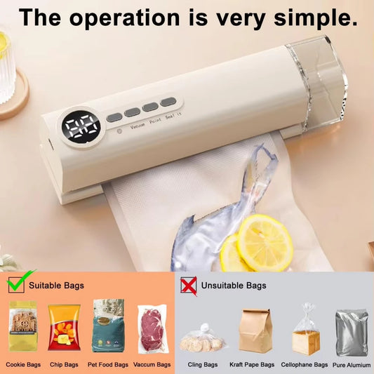 Mini Cordless Vacuum Sealer with Digital Display – Rechargeable Food Bag Vacuum & Heat Sealing Machine for Kitchen Storage