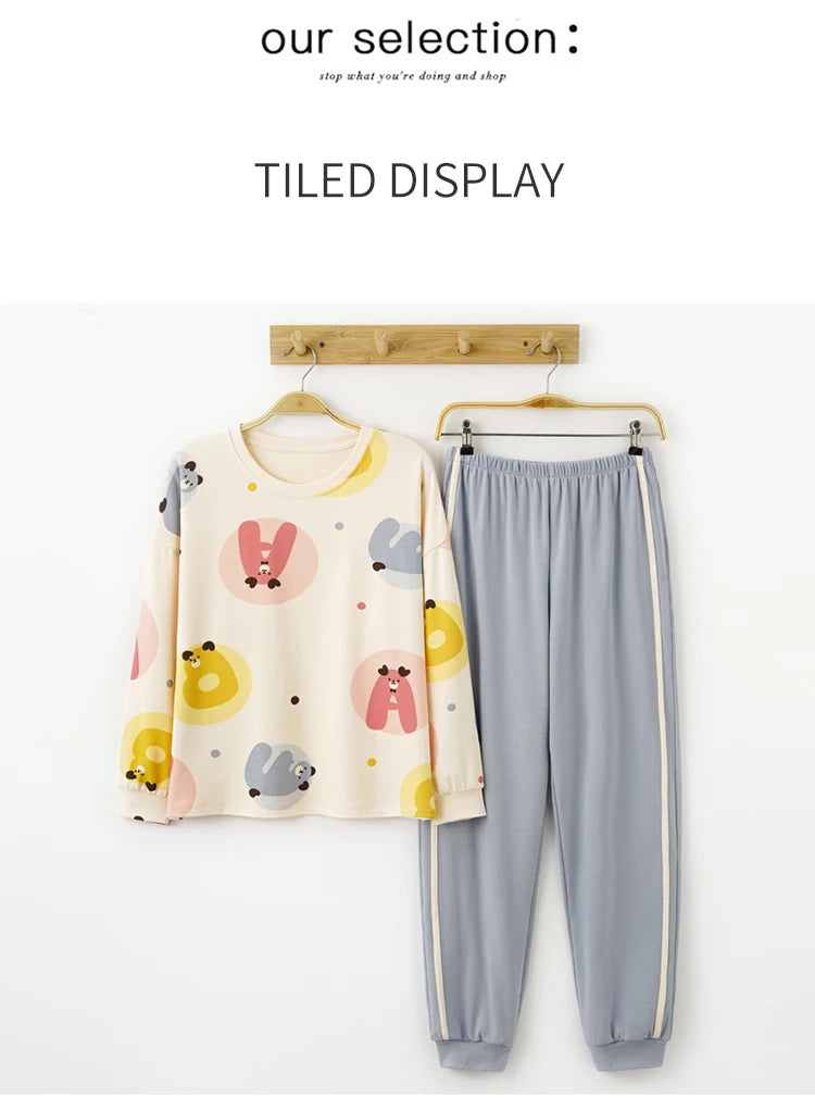 Women’s Cute Lazy Style Cotton Pajama Set – Soft, Loose Long Sleeves & Pants