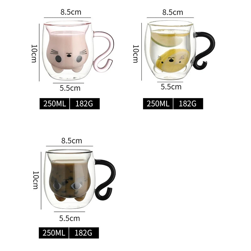 250ml Cartoon Cat Double Wall Glass Cute Coffee Tea Cup Heat-resistant Coffee Mug Handle Espresso Cup For Latte Cappuccino