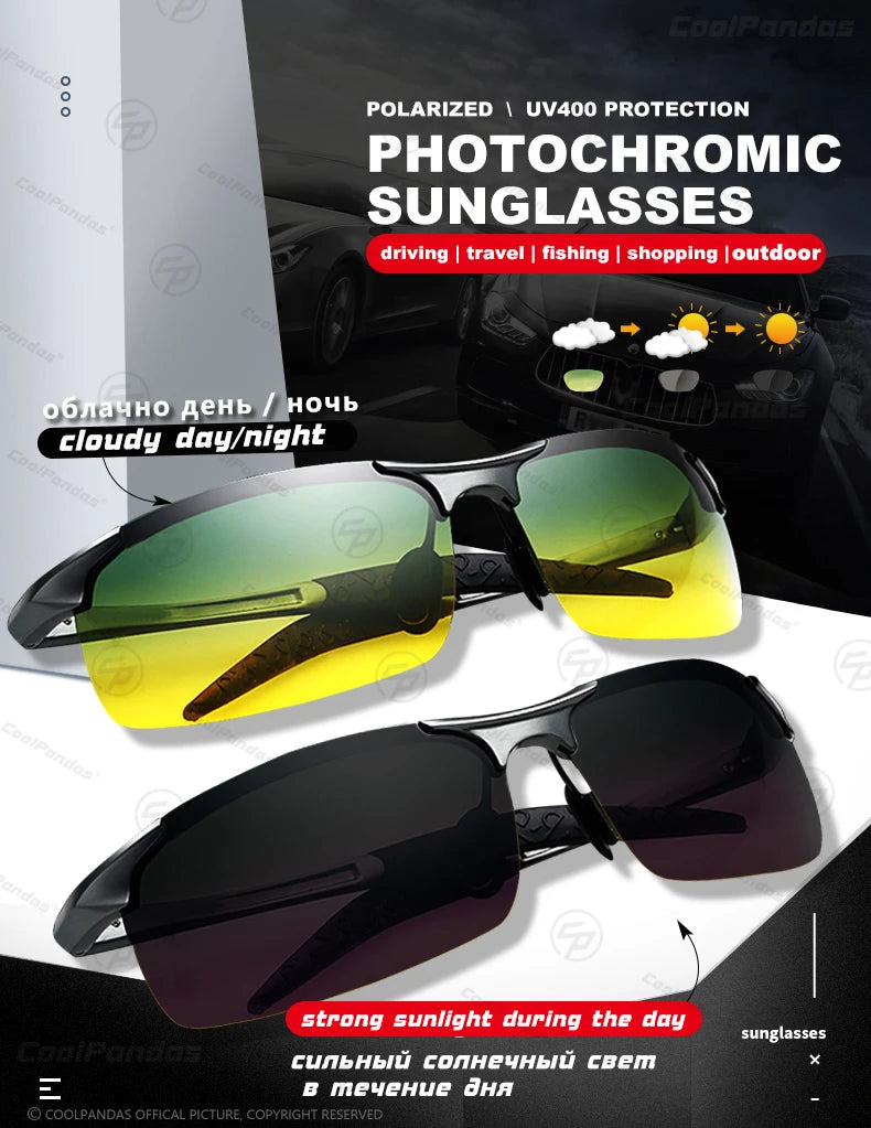 Aluminum Frame Photochromic Polarized UV400 Day Night Driving Safety Sunglasses for Men