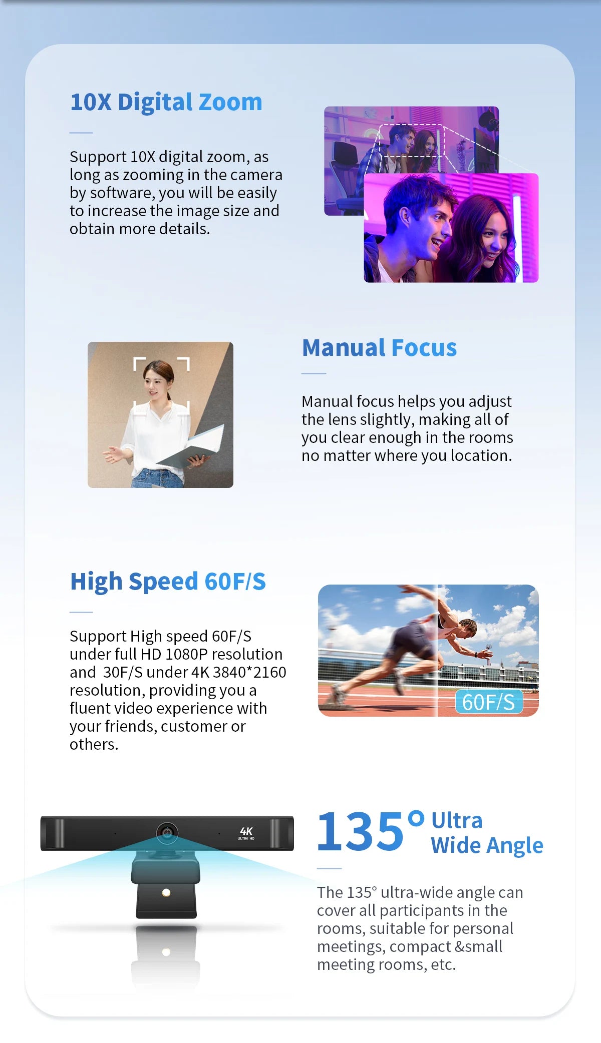 Webcam 4K UHD 10X Zoom Camera for Pc 60fps USB Web Cam for PC Computer Camera for Live Streaming Video Calling Conference