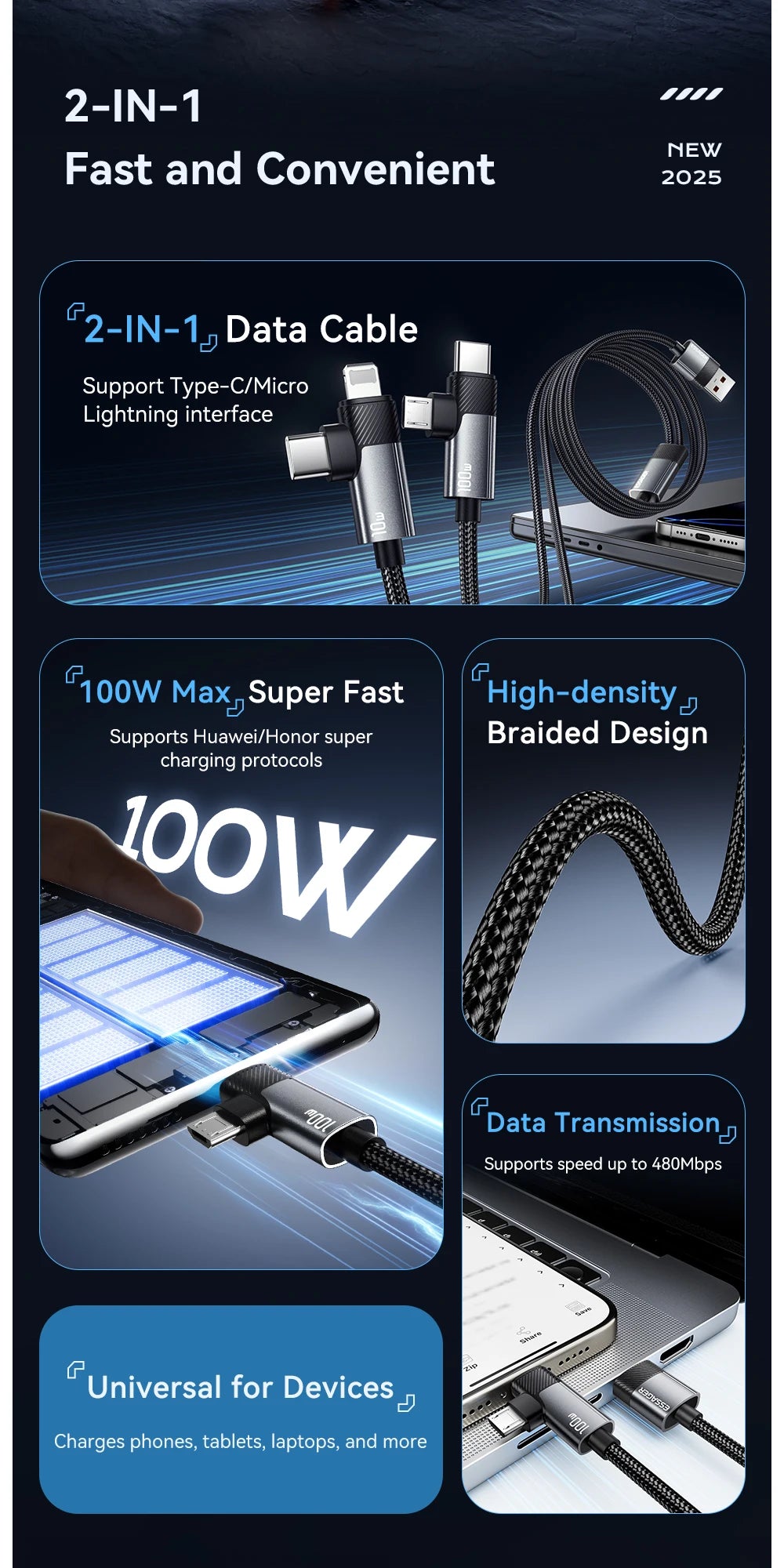 2-in-1 100W Fast Charging Multi Cable (Type-C / Micro / Lightning)