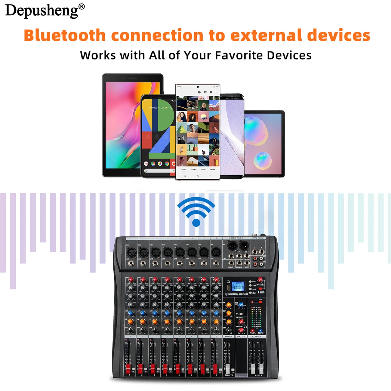 8 Channel Audio Mixer With Bluetooth USB PC Recording And 48V Phantom Power