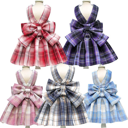 Dog Dress Harnesses with Leash Set Plaid Puppy Girl Skirt Doggy Dresses with Leash Ring Doggie Clothes for Small Medium Dogs