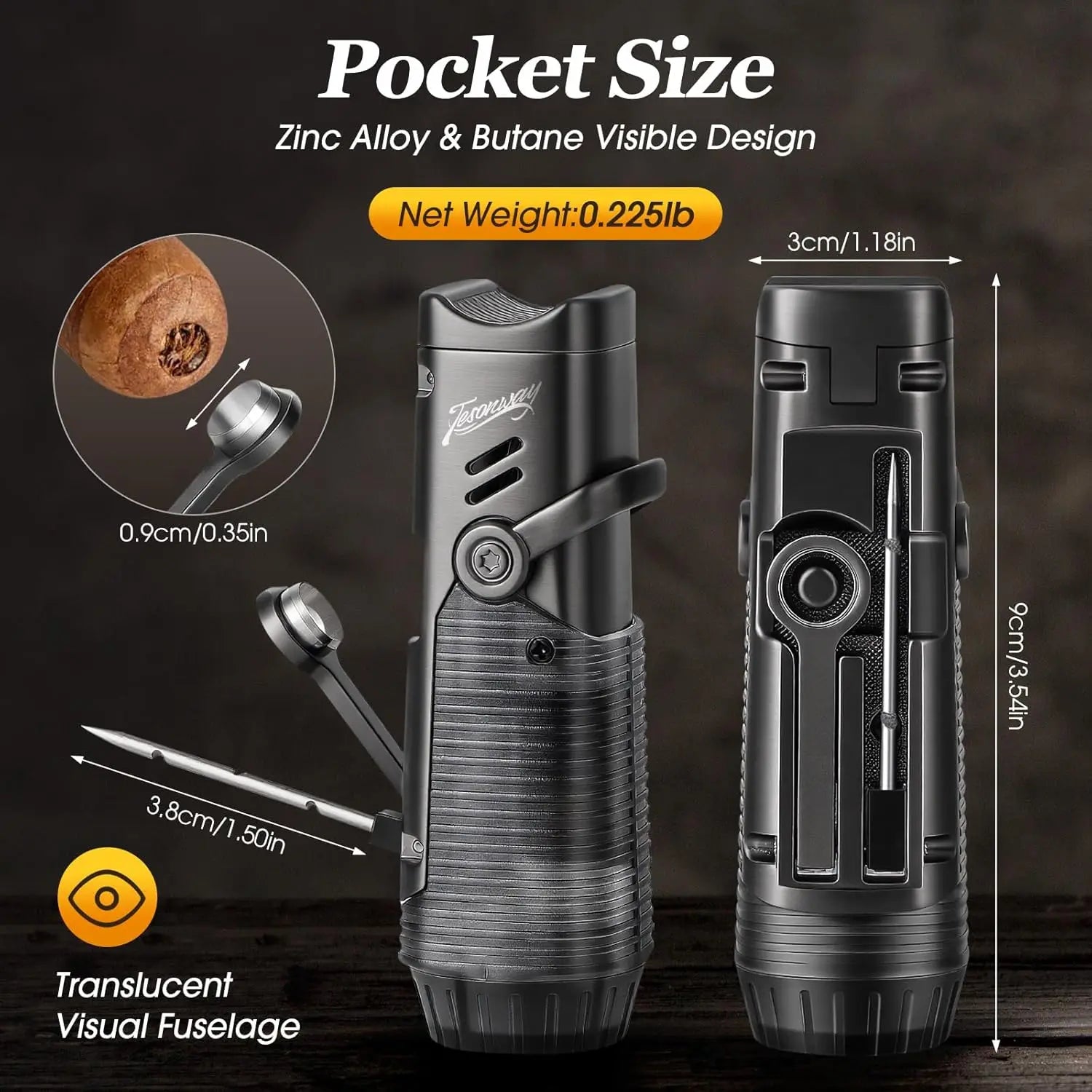Cigar Lighter, Windproof Refillable Butane Lighter, Multifunction Cigar Accessories with Holder, Cigar Draw Enhancer and Punch