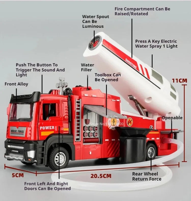 1:32 Scale Container Truck Fire Trucks Model Car Toy Pull Back Music Light Metal Diecast Doors Opened Vehicles Toys for Gift