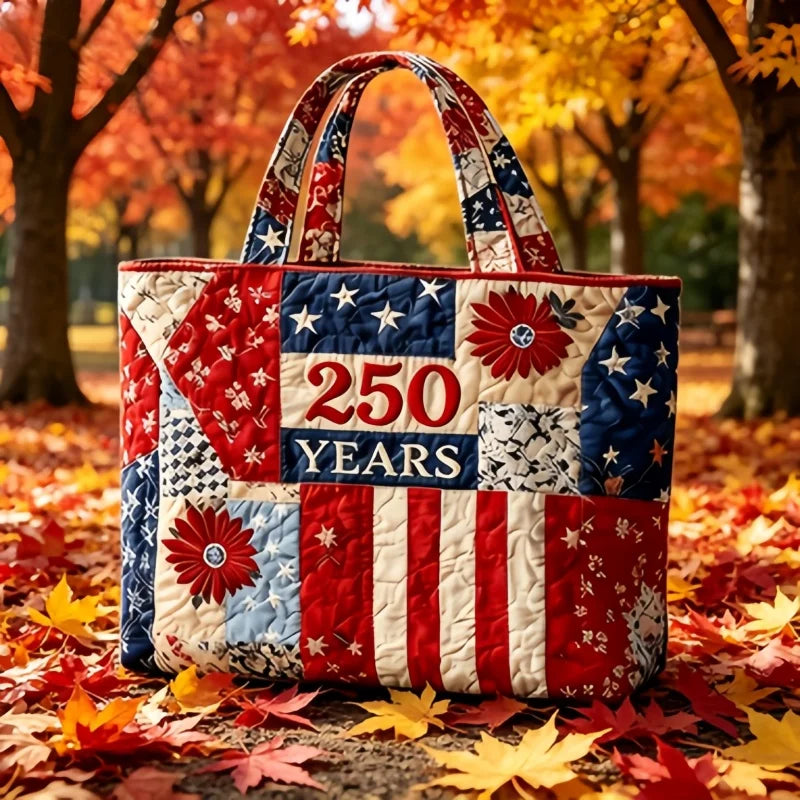 Patriotic Quilted Tote Bag 250 Years American Flag Patchwork Shoulder Handbag