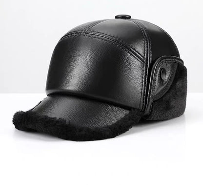 Winter Men's Hat Thicken Leather Cowskin Baseball Caps Bomber Hats With Ears Warm