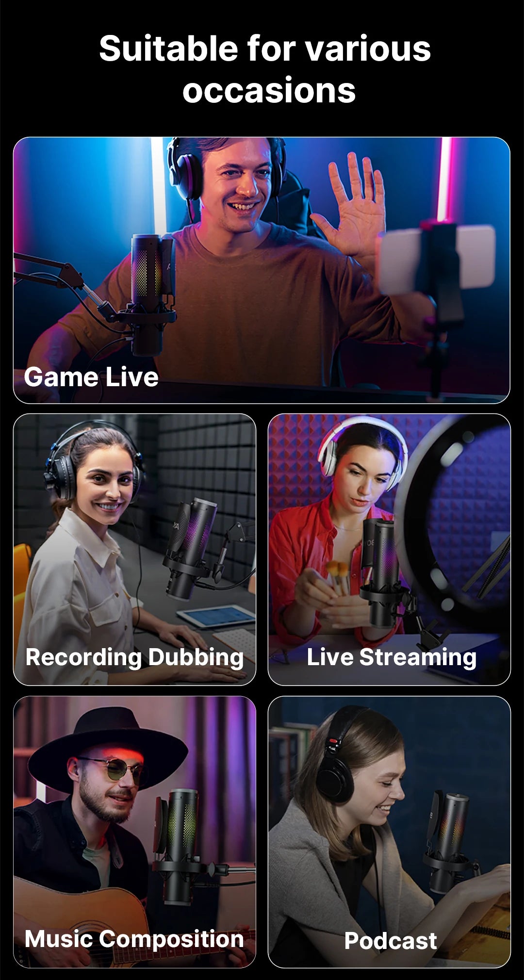 K9 USB Condenser Microphone with RGB Control/Headphone jack/Mute,MIC for PC PS4 PS5 Mac Gaming AmpliGame Youtueb Recording