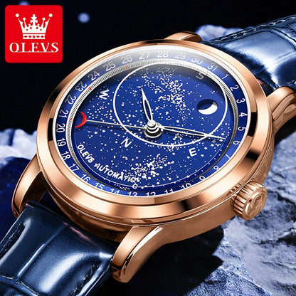 Automatic Mechanical Watch Rotate Moon Phase Diamond Dial Luminous Waterproof Blue Leather Strap Men's Wristwatch