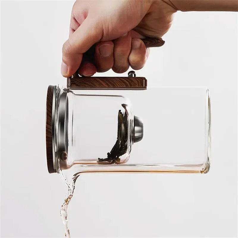 One Click Magnetic Switch Tea Separation Filtration Glass Tea Pot Wood Handle Tea Water Separation Inner Container Teapot