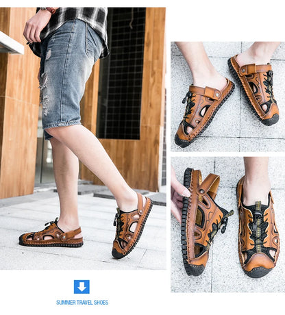 Shoes Summer Slippers Genuine Leather Non-slip Beach Shoes Male Outdoor Casual Sandals Slippers Handmade Sewing