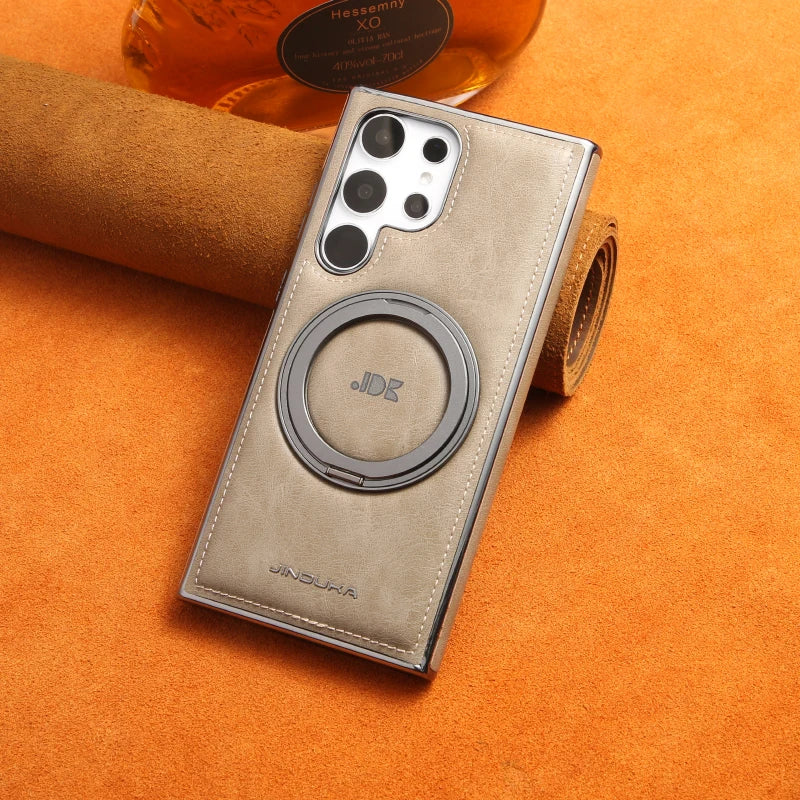 For Magsafe  360°Rotating Metal Car Bracket Ring Solid Color Leather Phone Case For Samsung S24 Ultra S22 S23 Ultra Plus