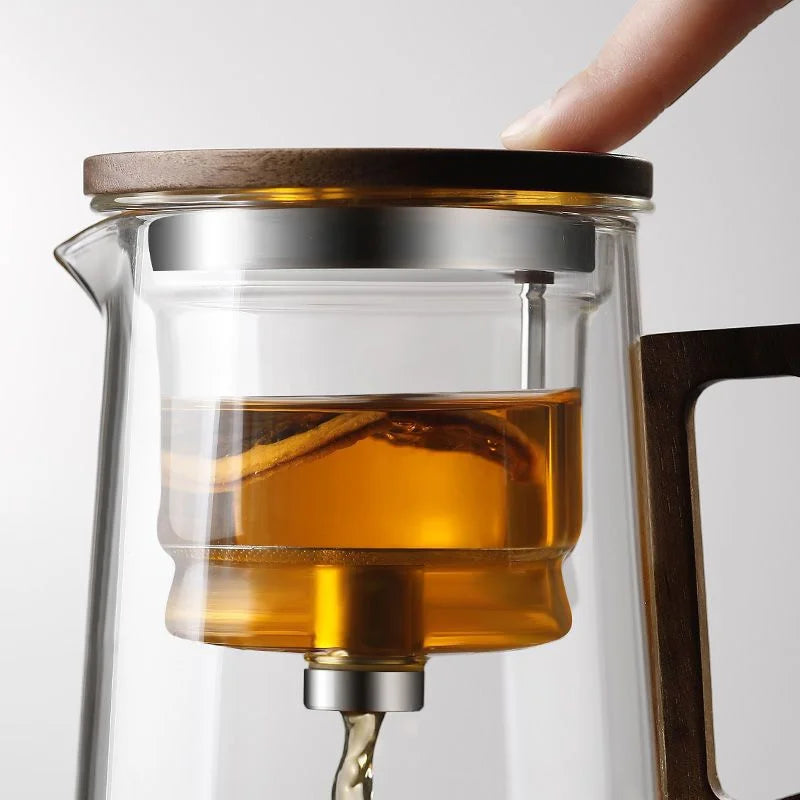 Water Separation Glass Teapot with One Click Tea Infuser and Wood Handle