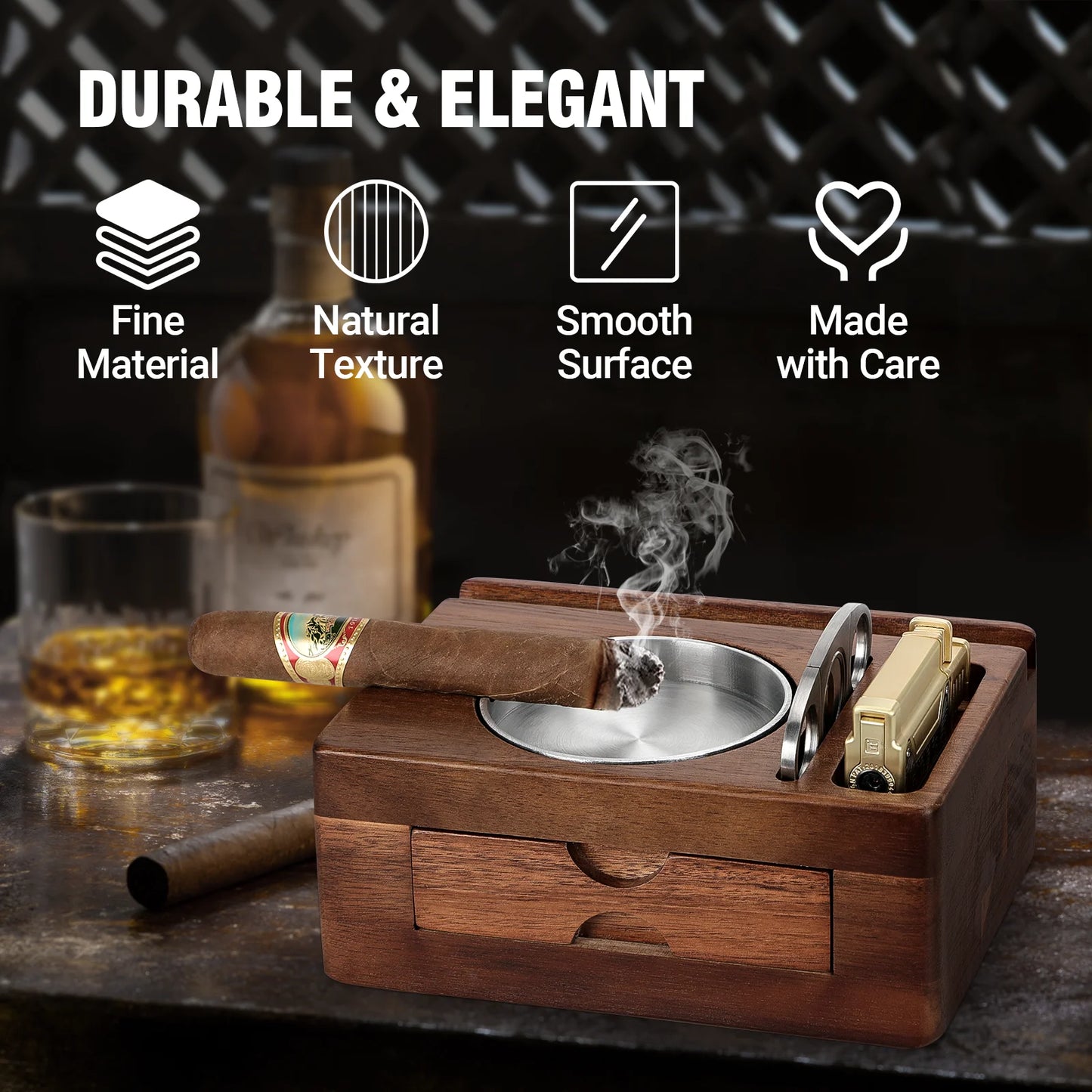 Cigar Ashtray Wooden Cigar Ashtray with Drawer, Cigar Cutter, Phone Holder, Tablet Accessories