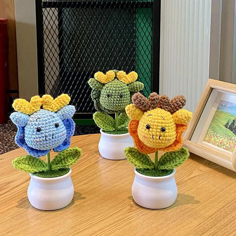 3 Pcs Handmade Crochet Dragon Flower Pot Home Room Decoration Finished Wool Knitting Office Desktop Ornament Christmas Birthday Gifts