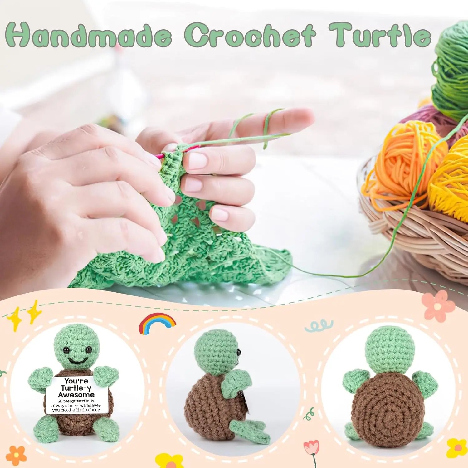 3 Pcs Cute Handmade Knitted Emotional Motivational Turtle Doll Home Room Decoration Funny Crochet Turtle With Positive Card Ornament
