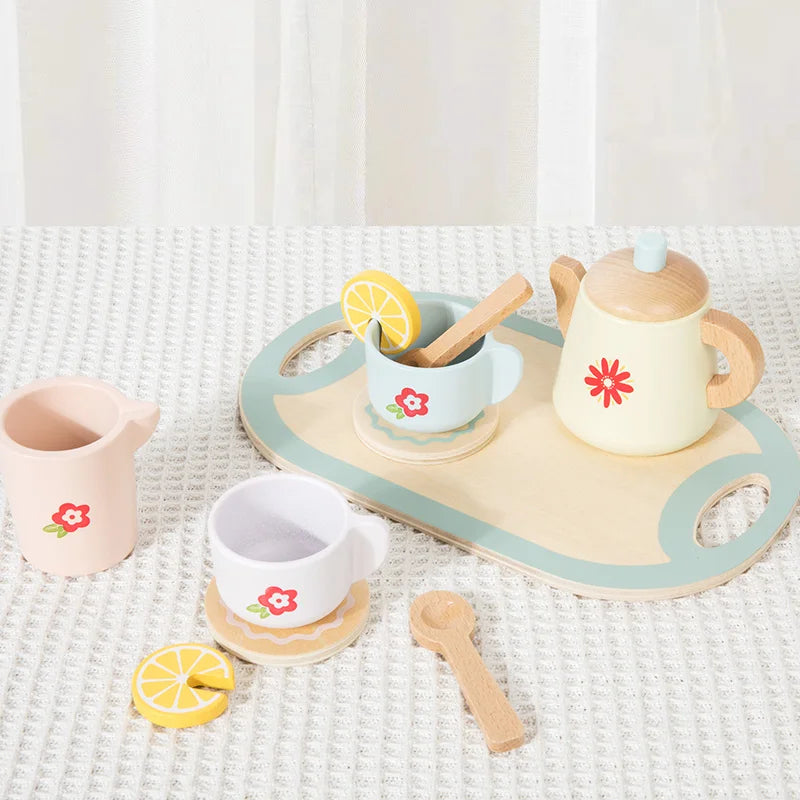 Wooden Tea Set Pretend Play Toy with Teapot and Teacups