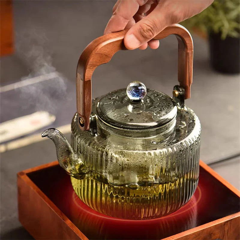 Large Capacity 1200ml Vertical Stripe Pattern Glass Tea Pot Kungfu Tea Set Wooden Beam Tea Kettle Brewing Puer Teapot Teaware