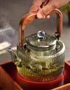 Large Capacity 1200ml Vertical Stripe Pattern Glass Tea Pot Kungfu Tea Set Wooden Beam Tea Kettle Brewing Puer Teapot Teaware
