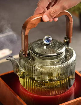 Large Capacity 1200ml Vertical Stripe Pattern Glass Tea Pot Kungfu Tea Set Wooden Beam Tea Kettle Brewing Puer Teapot Teaware