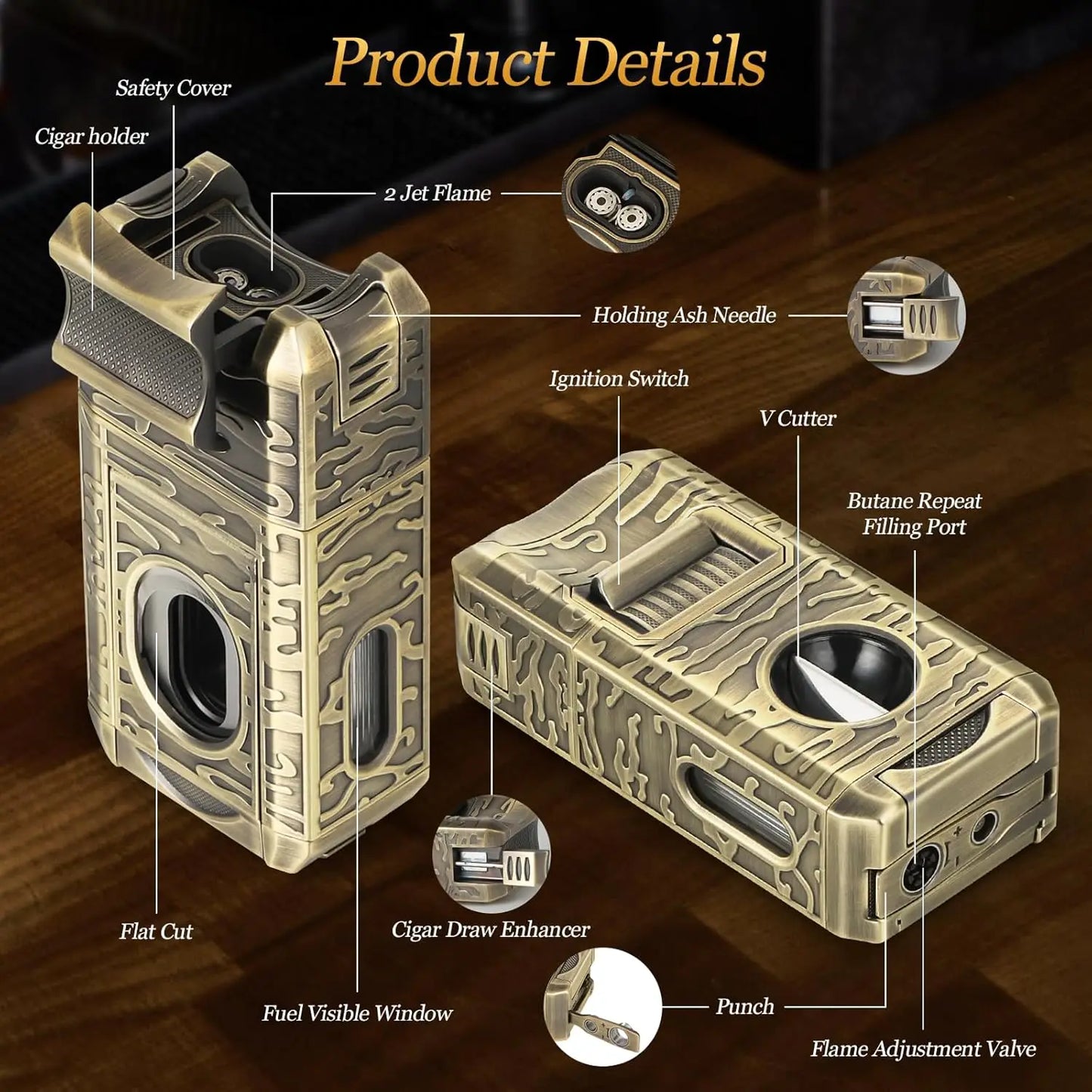 Cigar Lighter, 7-in-1 Cigar Lighter, Dual-Flame Windproof, Built-in Dual Punch, V-Cut, Flat Cut, Cigar Holder (No Butane)
