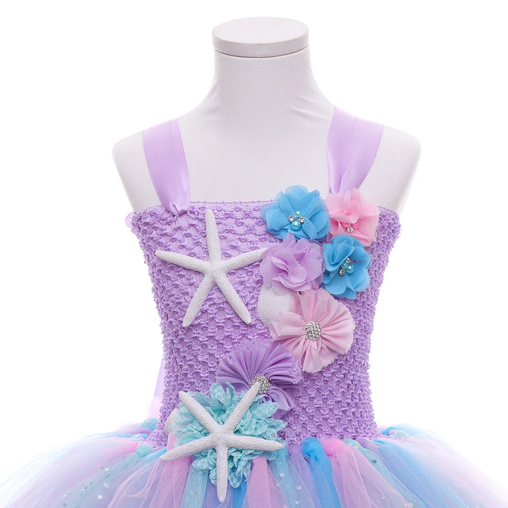 Pastel Mermaid Princess Tutu Dress with Flower Headband Party Costume