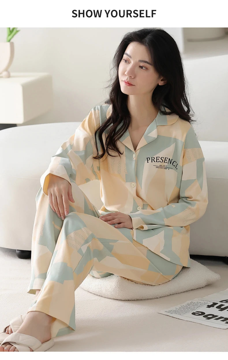 Women’s Winter 100% Cotton Pajama Set – Loose Fit, Turn-Down Collar, Long Sleeves, Cute Pink